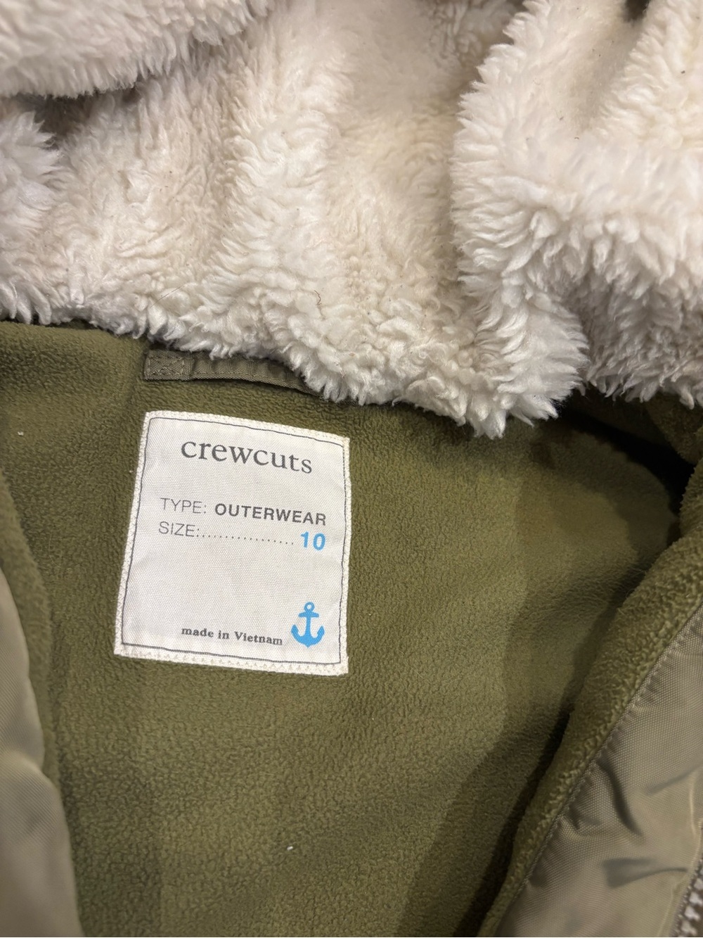 Crewcuts Olive Green Hooded Winter Puffer Coat with Faux Fur Trim youth 10 - Picture 2 of 2